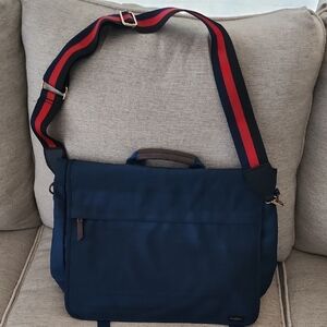 Navy Blue Messenger Bag with Red and Black Strap